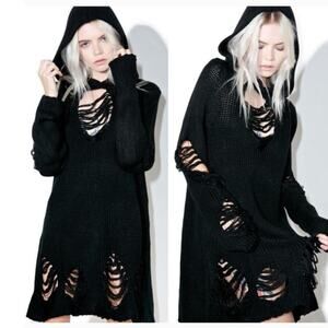 Killstar Nu War black chunky knit hoodie long pullover hooded sweater goth emo